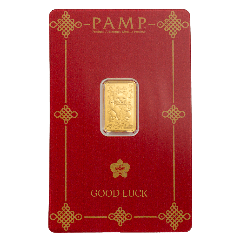 2.5g Gold Bar Lucky Cat front