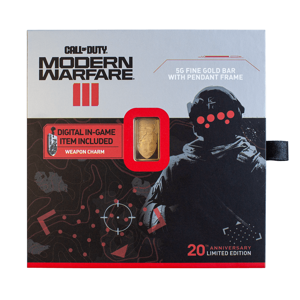 Call of Duty®: Modern Warfare® III 5g gold bar with pendant frame & bonus in-game weapon charm front