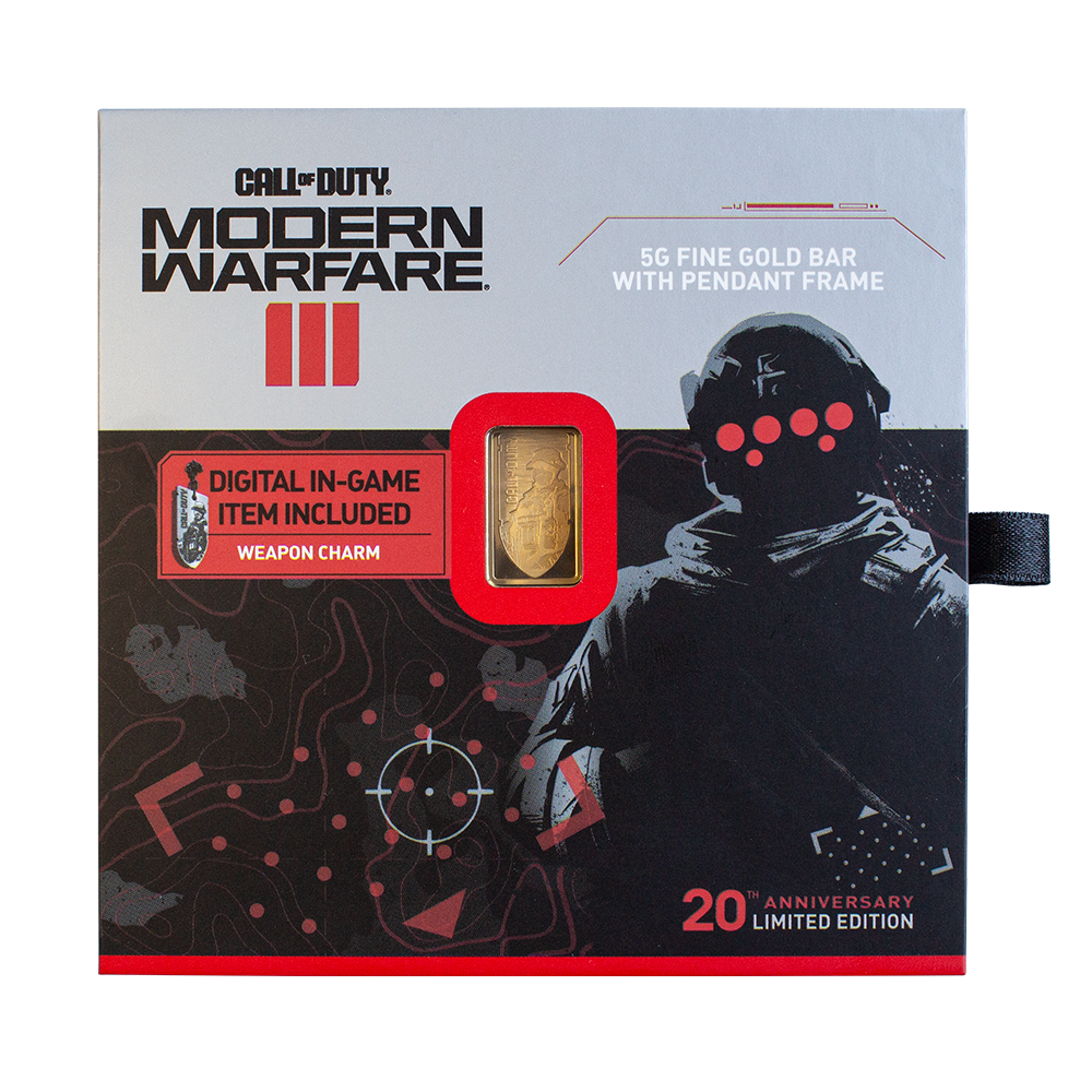 Call of Duty®: Modern Warfare® III 5g gold bar with pendant frame & bonus in-game weapon charm front